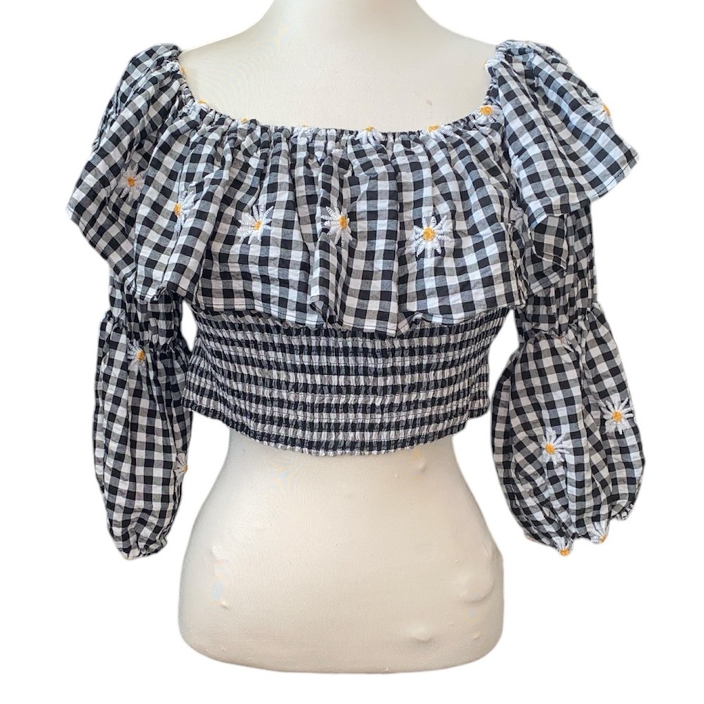 Zara crop top 3/4” sleeves on/off shoulder gingham print embroidered Sz SM NWT